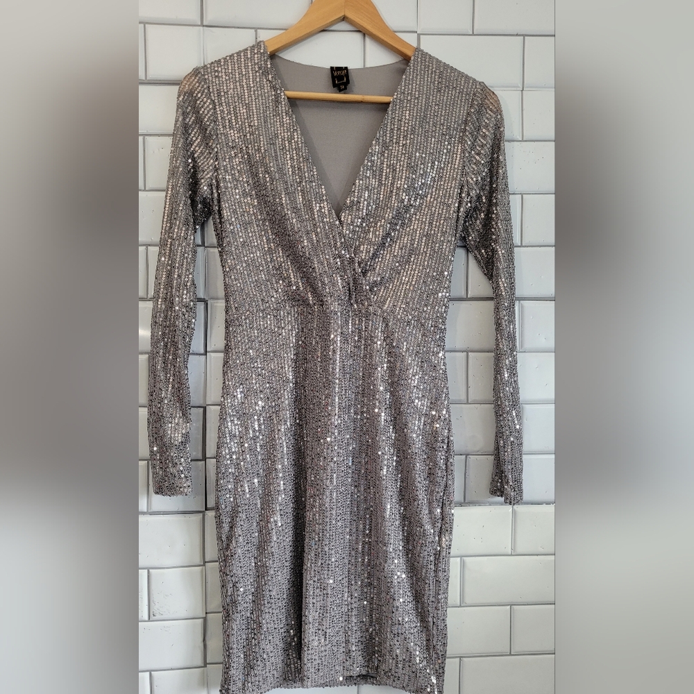 Votique Ladies Silver Sequin Dress Long Sleeve Knee Length Deep V-Neck Cocktail